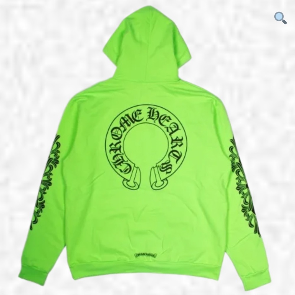 Chrome Hearts Neon Green Hoodie with Black Logo Sleeves